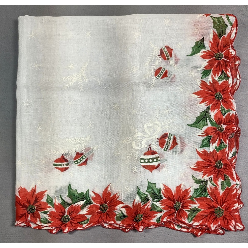 Vtg Christmas Handkerchief Poinsettia Ornament Scalloped Holiday 14.75 x 14.75